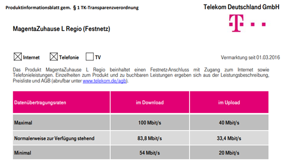 Product Information sheet for MagentaZuhause L (100/40 Mbps). Source: Telekom